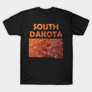 Colorful mandala art map of South Dakota with text in brown and orange T-Shirt